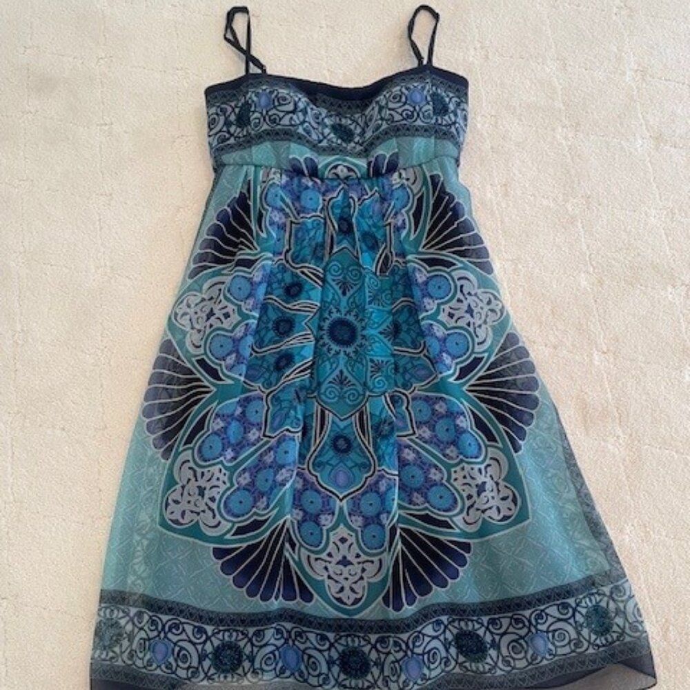 Decode 1.8 Spaghetti Strap Blue Print Fully Lined LIGHTWEIGHT Summer Dress Sz 4